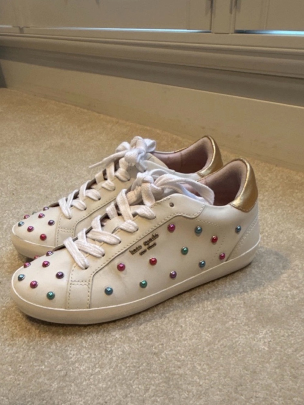 kate spade White Leather Sneakers with Multicolor Studs and Gold Heel